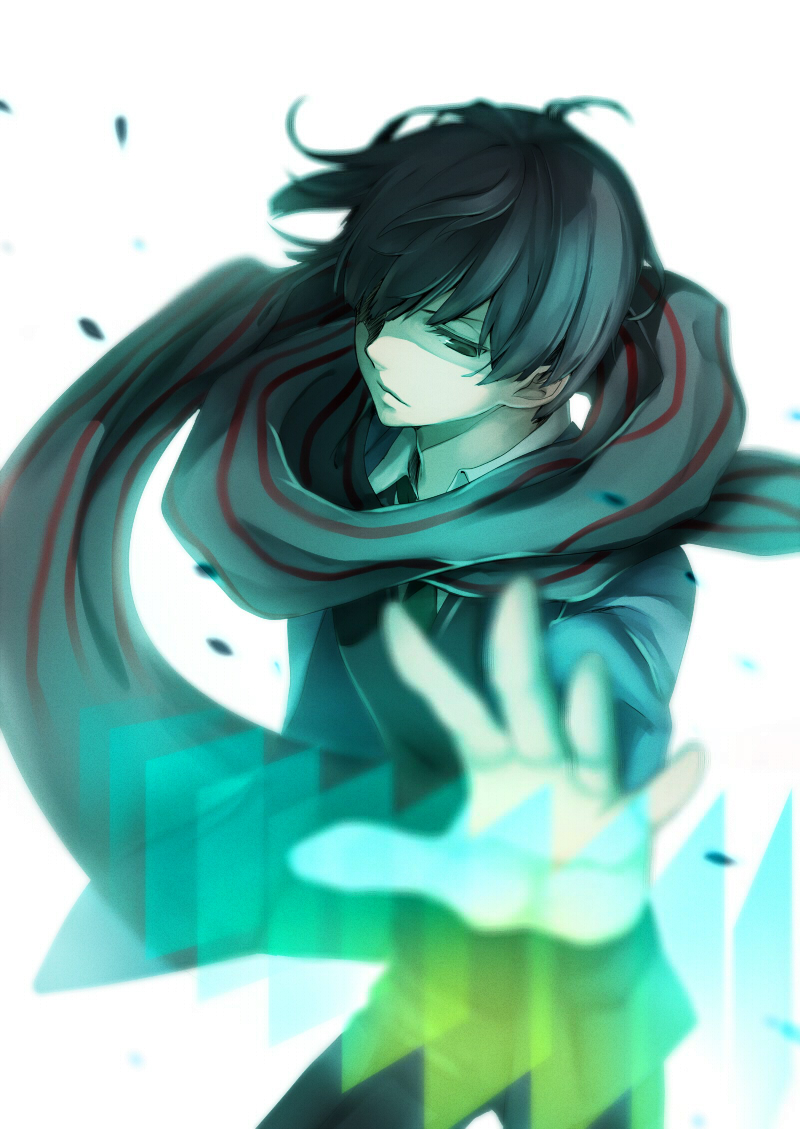 1boy, arkray, black_hair, kuriyama_mirai, kyoukai_no_kanata, nase_hiroomi, outstretched_hand, scarf