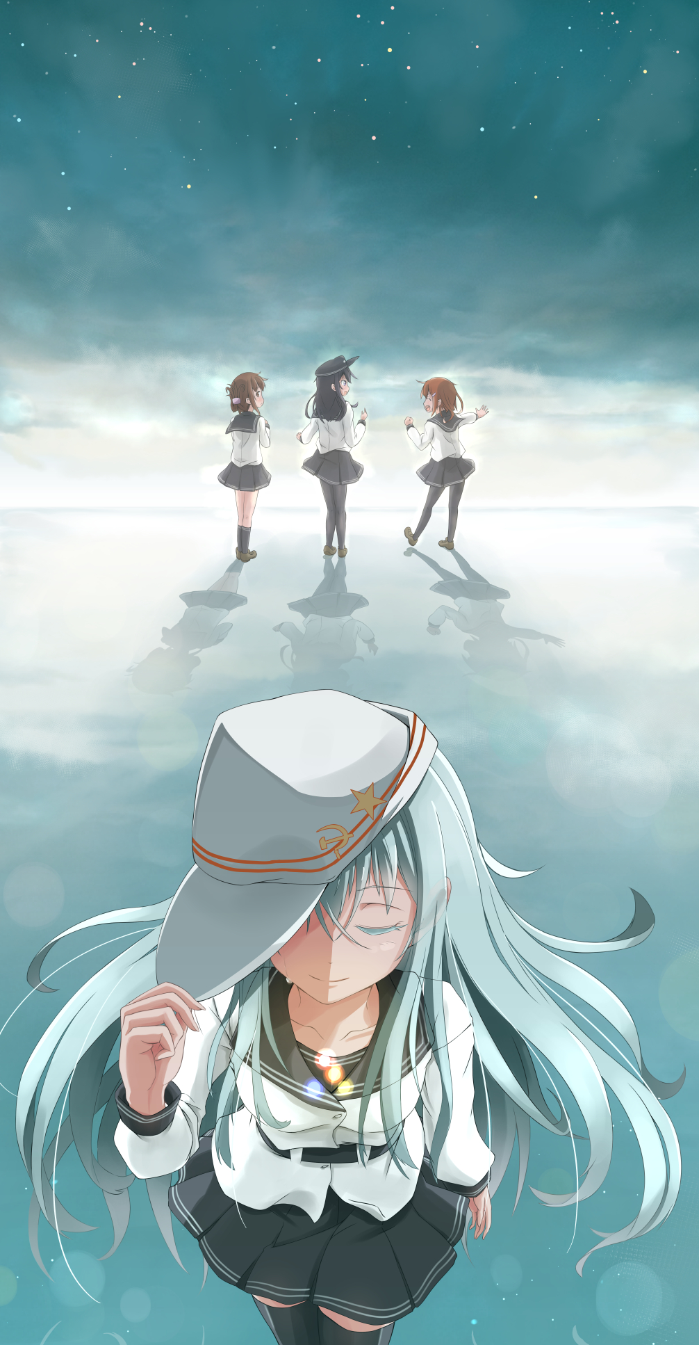 4girls, akatsuki_(kantai_collection), black_hair, black_legwear, brown_eyes, brown_hair, hair_ornament, hat