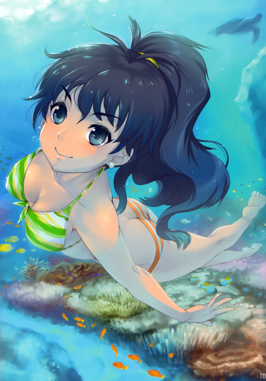 1girl, absurdres, antenna_hair, bare_legs, barefoot, bikini, black_hair, blue_eyes