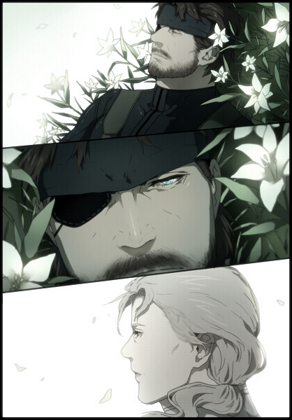 beard, big_boss, blonde_hair, blue_eyes, brown_hair, eyepatch, facial_hair, field