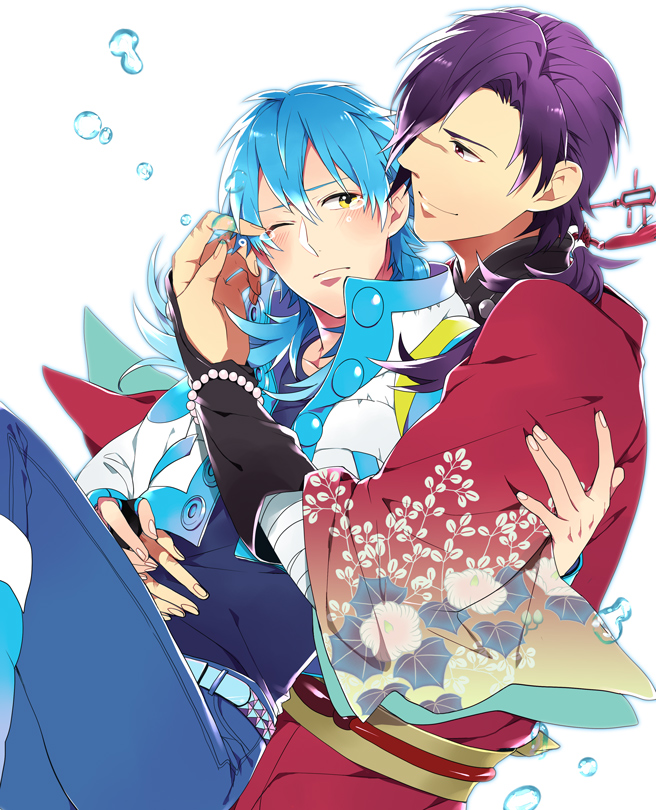 2boys, black_hair, blue_hair, blush, couple, dramatical_murder, hug, hug_from_behind