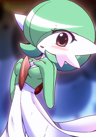blush, breasts, gardevoir, green_hair, hair_over_one_eye, hands_on_own_chest, heart, looking_at_viewer, lowres, no_humans, open_mouth, pokemon, pokemon_(creature), pokemon_(game), red_eyes, shiratsuki, short_hair, smile