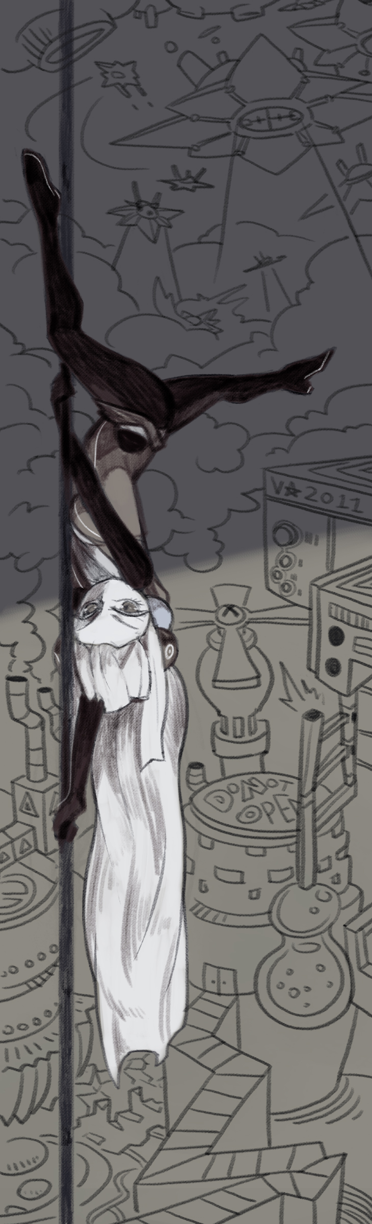 1girl, absurdres, alternate_costume, black_legwear, bodysuit, borrowed_character, catwalk, clouds