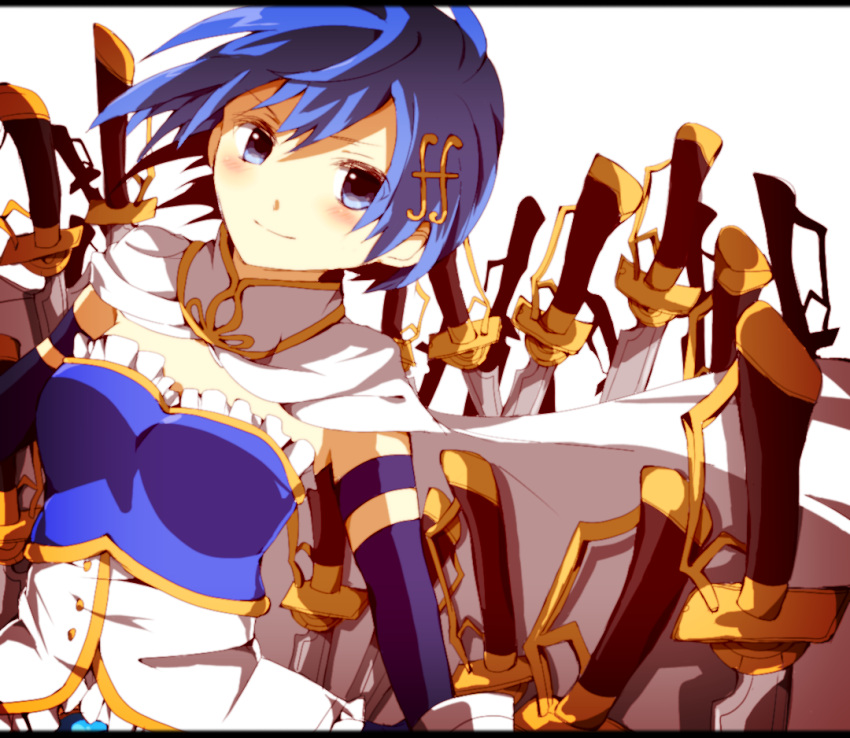 1girl, armband, blue_eyes, blue_hair, cape, gloves, hair_ornament, hairclip