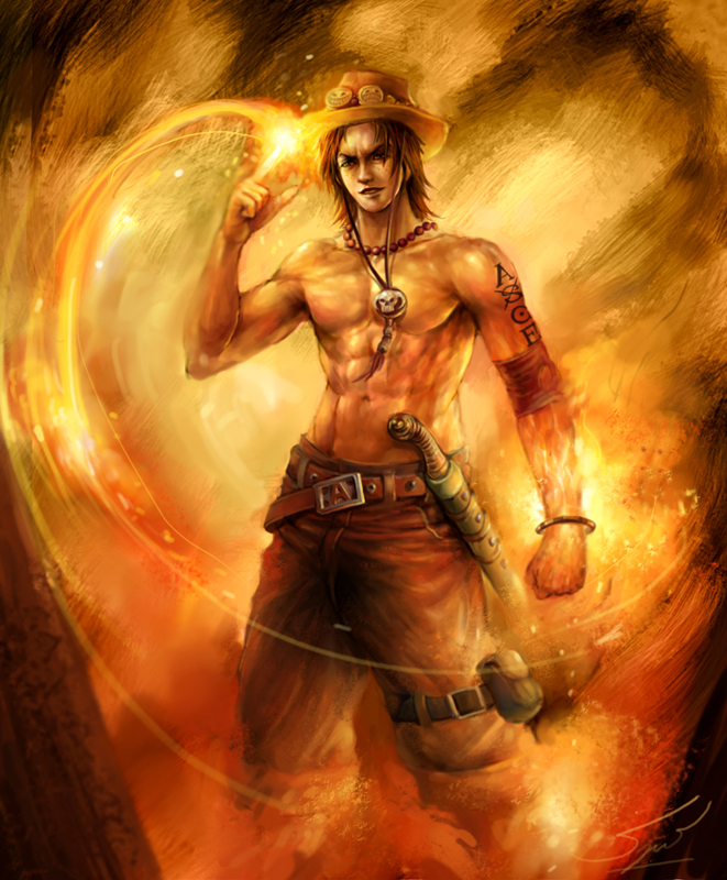 1boy, abs, bangle, belt, black_hair, bracelet, buckle, cowboy_hat, elbow_pads, fire, goggles, goggles_on_hat, hat, hat_tip, jewelry, knife, male, necklace, one_piece, portgas_d_ace, pouch, saryth, shirtless, signature, skull, solo, tattoo