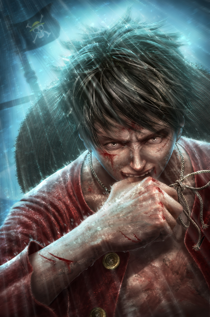 1boy, absurdres, battle, biting_hand, black_hair, blood, buttons, close-up