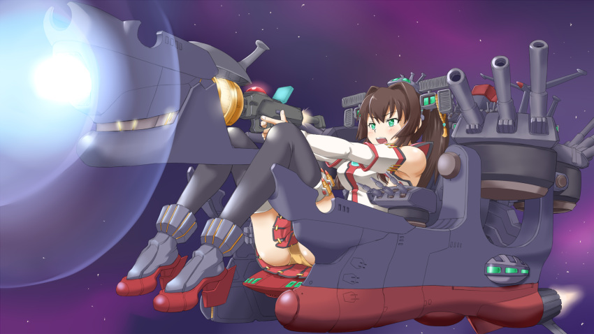 1girl, black_legwear, blush, boots, brown_hair, cannon, detached_sleeves, firing, green_eyes, headgear, highres, kantai_collection, long_hair, open_mouth, panties, parody, pleated_skirt, ponytail, rabinidaddo, skirt, solo, space, thighhighs, turret, uchuu_senkan_yamato, uchuu_senkan_yamato_2199, underwear, very_long_hair, wave_motion_gun, yamato_(kantai_collection), yamato_(uchuu_senkan_yamato), yellow_panties