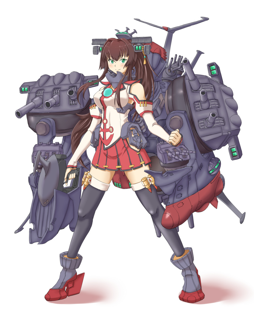1girl, absurdres, black_legwear, blush, boots, brown_hair, cannon, detached_sleeves