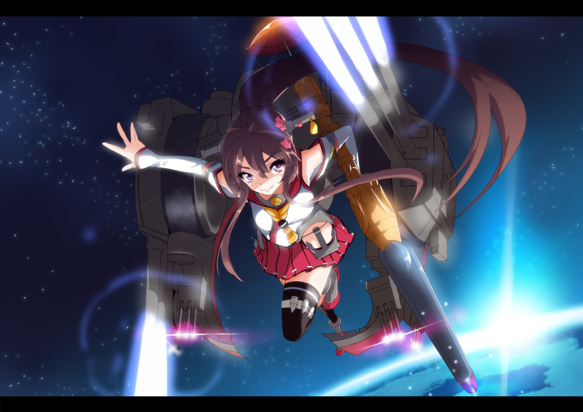 1girl, black_legwear, brown_hair, cannon, cherry_blossoms, detached_sleeves, earth, firing