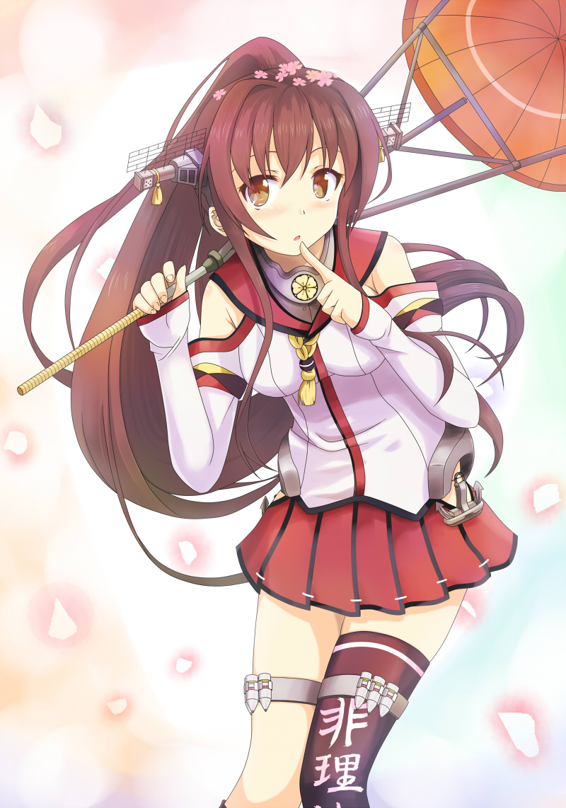 1girl, :o, anchor, black_legwear, blush, brown_eyes, brown_hair, cherry_blossoms