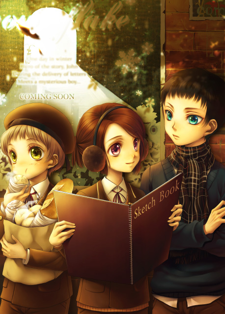 1boy, 2girls, aqua_eyes, bag, beret, blazer, blonde_hair, book
