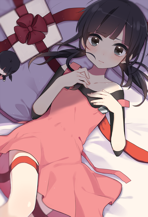 1girl, bed, black_eyes, black_hair, blush, gift, hiyori_(kagerou_project), kagerou_project