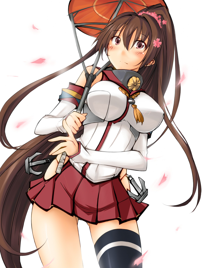 1girl, anchor, black_legwear, blush, breasts, brown_eyes, brown_hair, cherry_blossoms