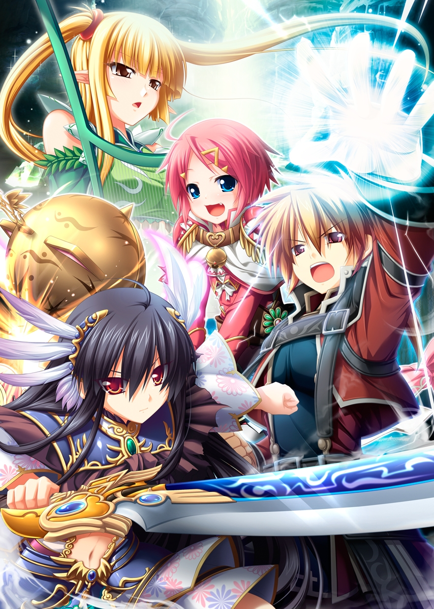 1boy, 3girls, black_hair, blonde_hair, cover, emelita, game_cg, game_cover, highres, kamidori_alchemy_meister, long_hair, magic, multiple_girls, pink_hair, pointy_ears, servalwi_endoss, short_hair, sword, twintails, weapon, wilfred_dion, yuela