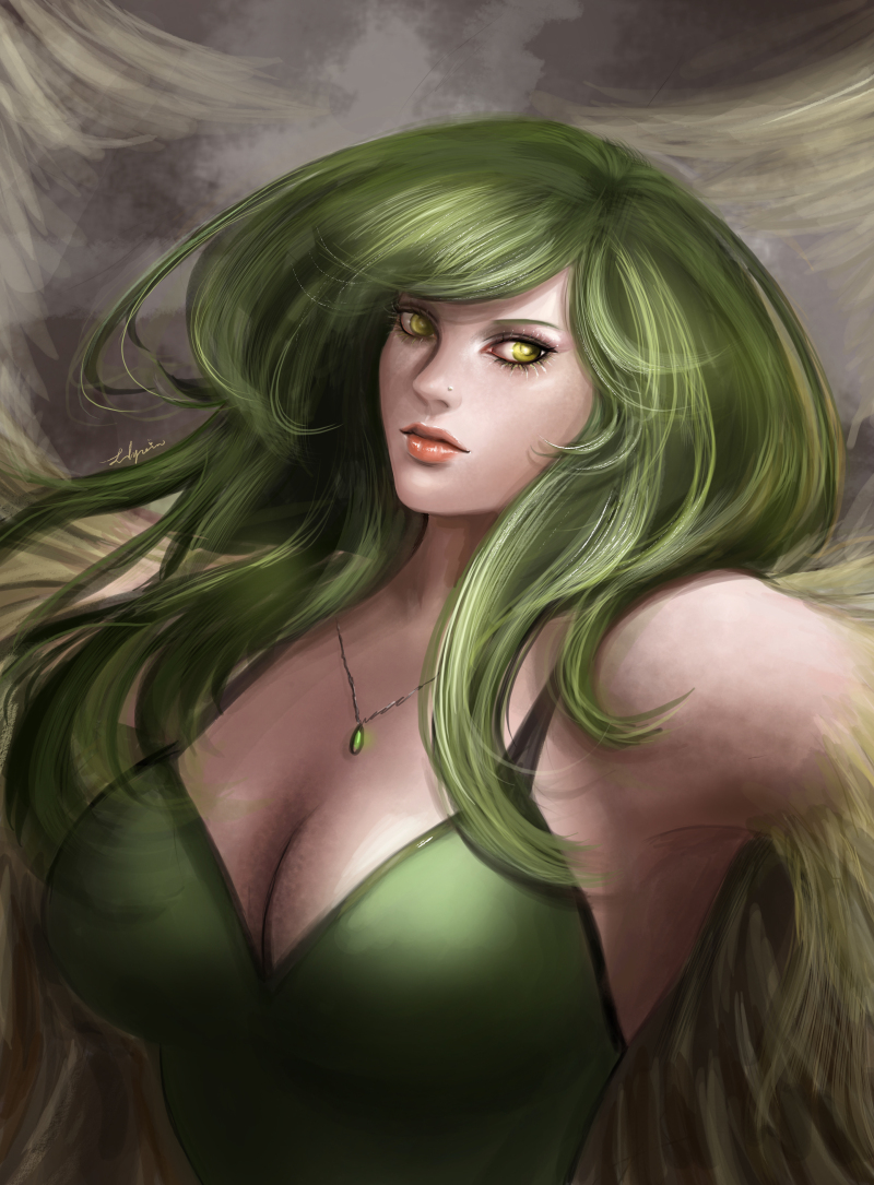 1girl, breasts, cleavage, close-up, feathered_wings, feathers, green_hair, harpy