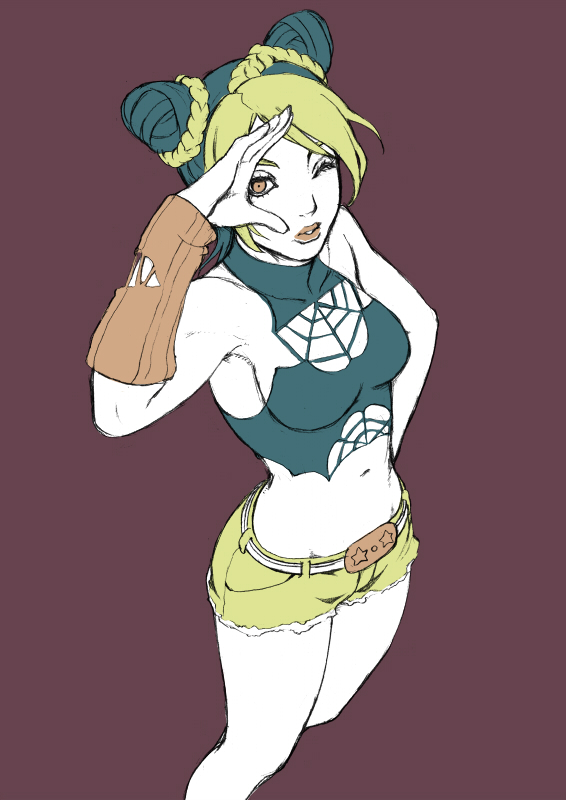 1girl, arm_warmers, black_hair, blonde_hair, braid, chonorin, double_bun, jojo_no_kimyou_na_bouken, kuujou_jolyne, midriff, multicolored_hair, shorts, solo, two-tone_hair