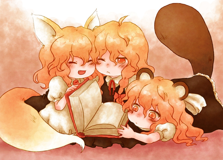 3girls, :<, ahoge, animal_ears, apron, bakedanuki_(touhou), blonde_hair, blush