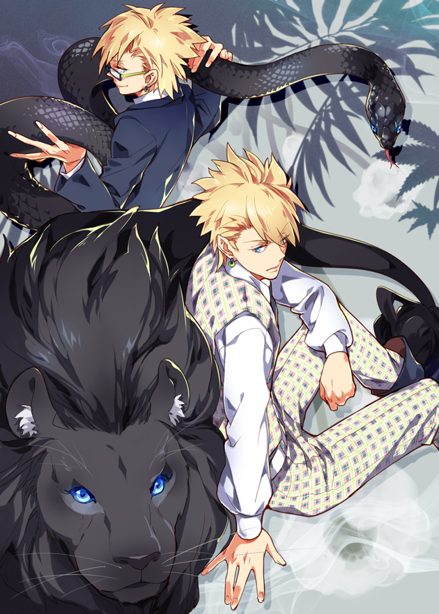 2boys, arm_support, belt, blonde_hair, blue_eyes, boots, dramatical_murder, dress_shirt