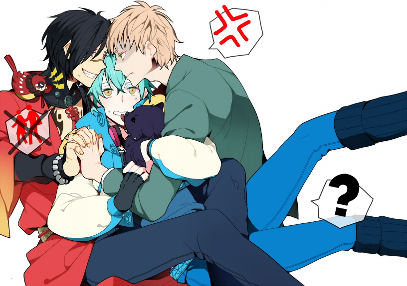 3boys, ?, anger_vein, aqua_hair, beads, belt, beni_(dramatical_murder), bird, black_hair, blonde_hair, bracelet, dog, dramatical_murder, fingerless_gloves, gloves, grin, hair_over_one_eye, headphones, headphones_around_neck, hooded_jacket, ikanatsu, jacket, japanese_clothes, jeans, jewelry, koujaku, leg_hug, locked_arms, long_sleeves, male, multiple_boys, necklace, noiz_(dramatical_murder), ren_(dramatical_murder), scar, seragaki_aoba, short_hair, single_glove, smile, sparrow, speech_bubble, studded_belt, sweat, tassel, tattoo, tongue, white_background, yellow_eyes