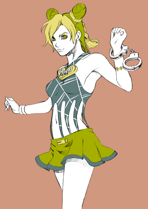 1girl, blonde_hair, chonorin, cuffs, double_bun, green_hair, handcuffs, jojo_no_kimyou_na_bouken, kuujou_jolyne, lipstick, makeup, midriff, multicolored_hair, skirt, solo, two-tone_hair