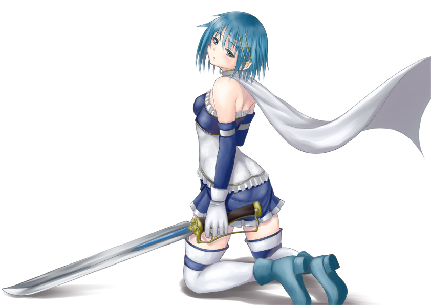 armband, blue_eyes, blue_hair, cape, gloves, hair_ornament, hairclip, kneeling