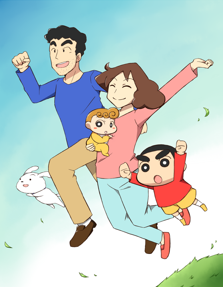 >:o, 2boys, 2girls, :o, baby, black_eyes, black_hair, blush_stickers, brother_and_sister, brown_hair, child, clenched_hands, closed_eyes, crayon_shin-chan, curly_hair, dog, facial_hair, family, father_and_daughter, father_and_son, grass, husband_and_wife, jumping, mother_and_daughter, mother_and_son, multiple_boys, multiple_girls, nohara_himawari, nohara_hiroshi, nohara_misae, nohara_shinnosuke, open_mouth, orange_hair, sakaroshi, shiro_(shin-chan), shorts, siblings, smile, stubble