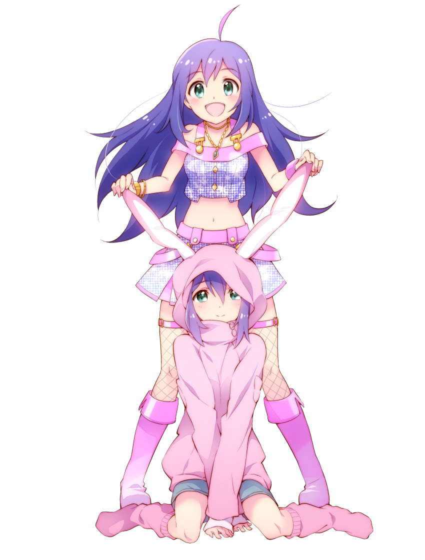 1girl, absurdres, ahoge, animal_ears, animal_hood, aqua_eyes, bare_shoulders, blue_hair