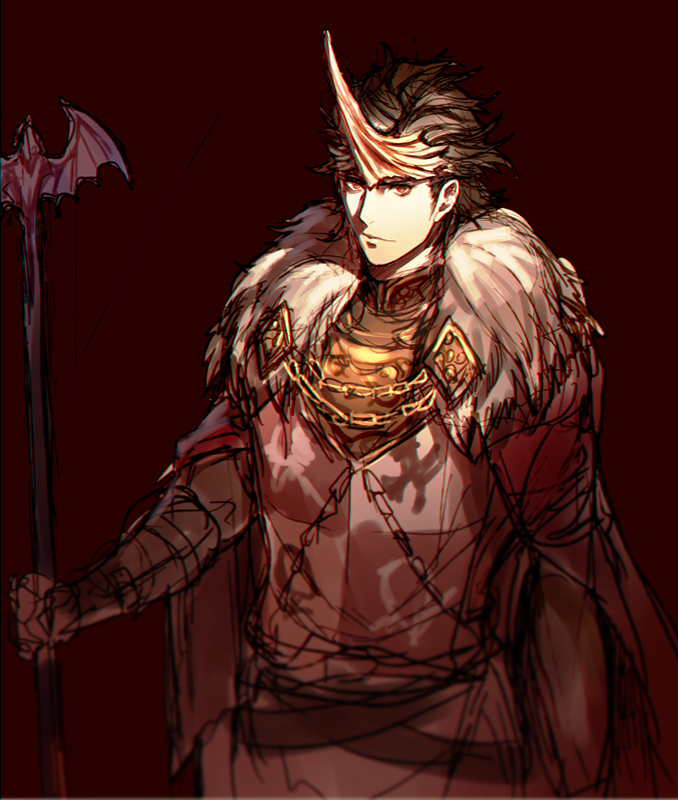 1boy, black_hair, dragon's_dogma, forehead_protector, fur_cape, horn, kitsune_n, pawn_(dragon's_dogma)