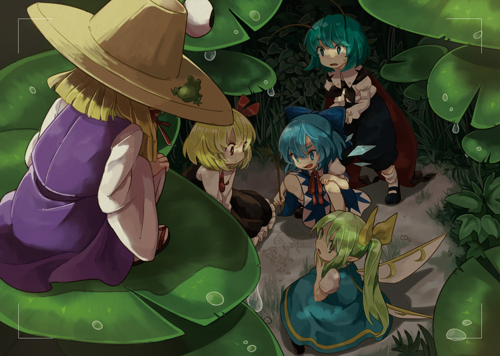5girls, antennae, blonde_hair, blue_dress, blue_eyes, blue_hair, cape, cirno