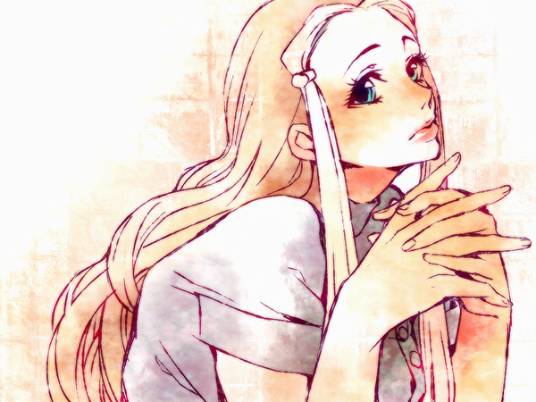 1girl, akizuki_hakuto, blue_eyes, brown_hair, jojo_no_kimyou_na_bouken, long_hair, multicolored_hair, pearla_pucci, solo, two-tone_hair, white_hair