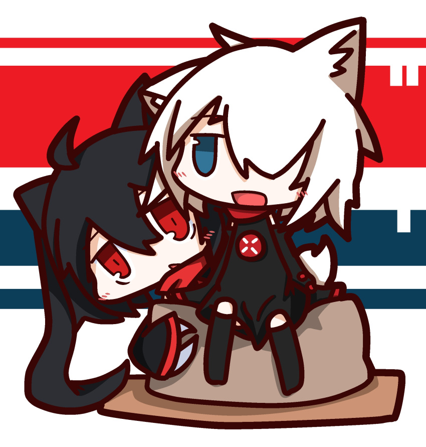 2girls, ahoge, animal_ears, black_hair, blue_eyes, blush, cat_ears, claws