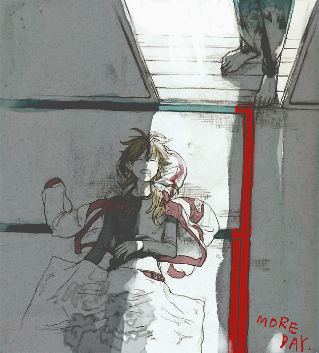 2boys, barefoot, blanket, closed_eyes, dramatical_murder, drooling, honey92, hooded_jacket, jacket_on_shoulders, koujaku, long_hair, lying, male, midriff, multiple_boys, on_back, open_mouth, seragaki_aoba, shadow, sleeping, sliding_doors, t-shirt, tatami, wooden_floor