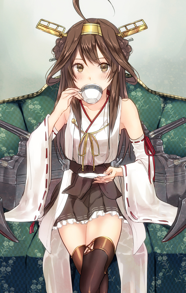 3u, ahoge, brown_eyes, brown_hair, cup, detached_sleeves, drinking, hairband