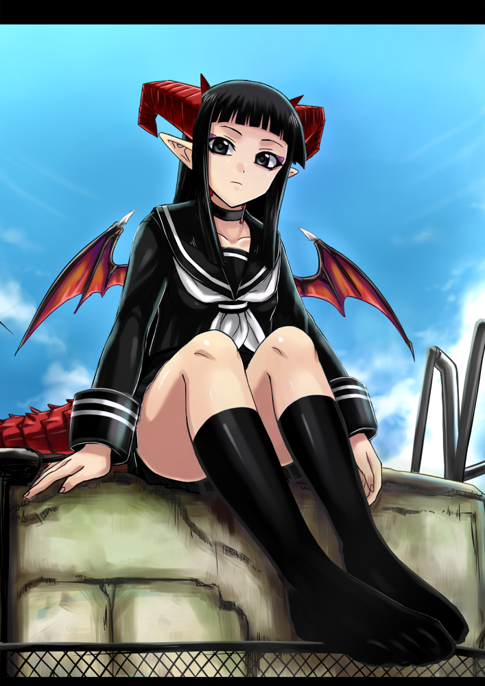 black_hair, dragon_girl, feet, horns, kneehighs, long_hair, nikonikotao, original, pointy_ears, ribbon, school_uniform, socks, solo, tail, tao, wings