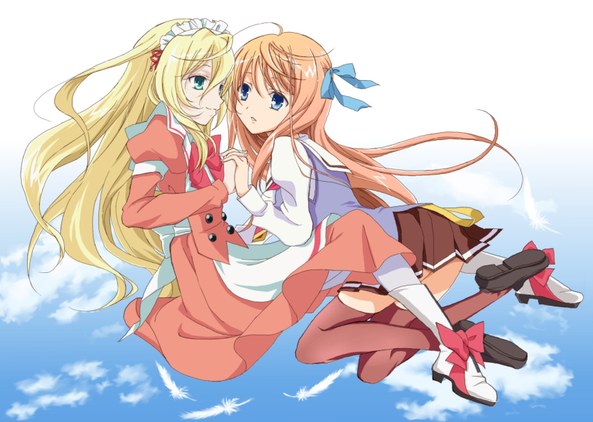 0hpefte6sb, 2girls, anime_coloring, apron, aqua_eyes, blonde_hair, blue_eyes, boots, bow, bowtie, dress, feathers, full_body, hair_between_eyes, hair_ribbon, holding_hands, kyoushirou_to_towa_no_sora, long_hair, long_sleeves, maid_headdress, multiple_girls, official_style, orange_dress, parted_lips, pleated_skirt, puffy_long_sleeves, puffy_sleeves, red_legwear, ribbon, school_uniform, setsuna, shiratori_kuu, skirt, sky, thighhighs, waist_apron, white_boots, zettai_ryouiki
