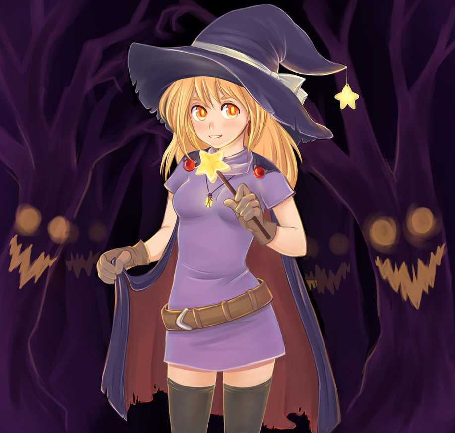 1girl, belt, female, gloves, hat, lemna, star, thighhighs, tree, wand, witch, witch_hat, yellow_eyes