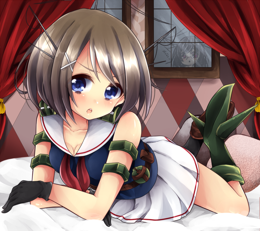 2girls, arm_strap, black_hair, black_legwear, blue_eyes, blush, boots, breasts