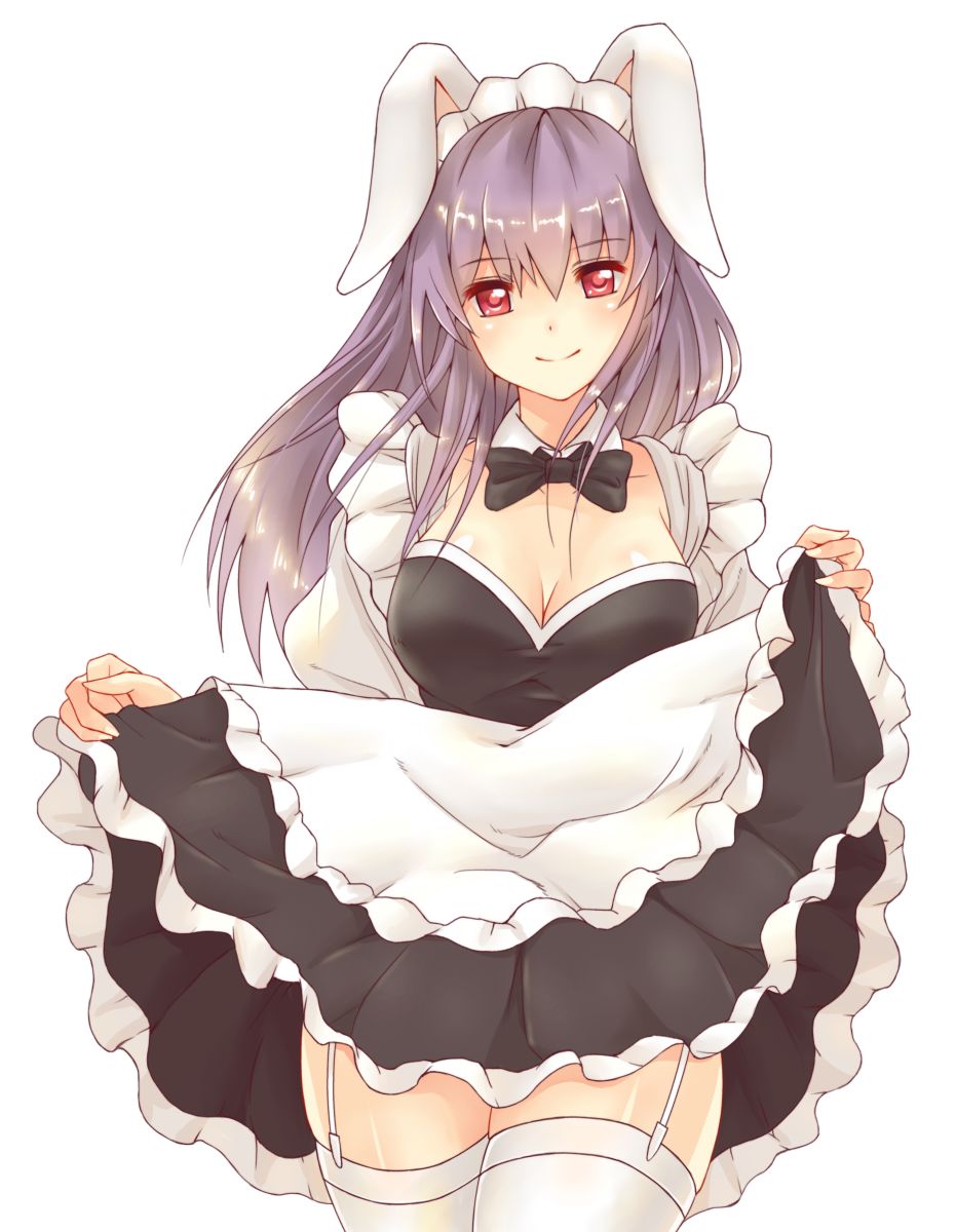 1girl, alternate_costume, animal_ears, blush, bowtie, breasts, cleavage, detached_collar, garter_straps, highres, long_hair, maid_headdress, purple_hair, rabbit_ears, red_eyes, reisen_udongein_inaba, simple_background, skirt, skirt_lift, smile, solo, thighhighs, touhou, white_background, white_legwear, x&amp;x&amp;x
