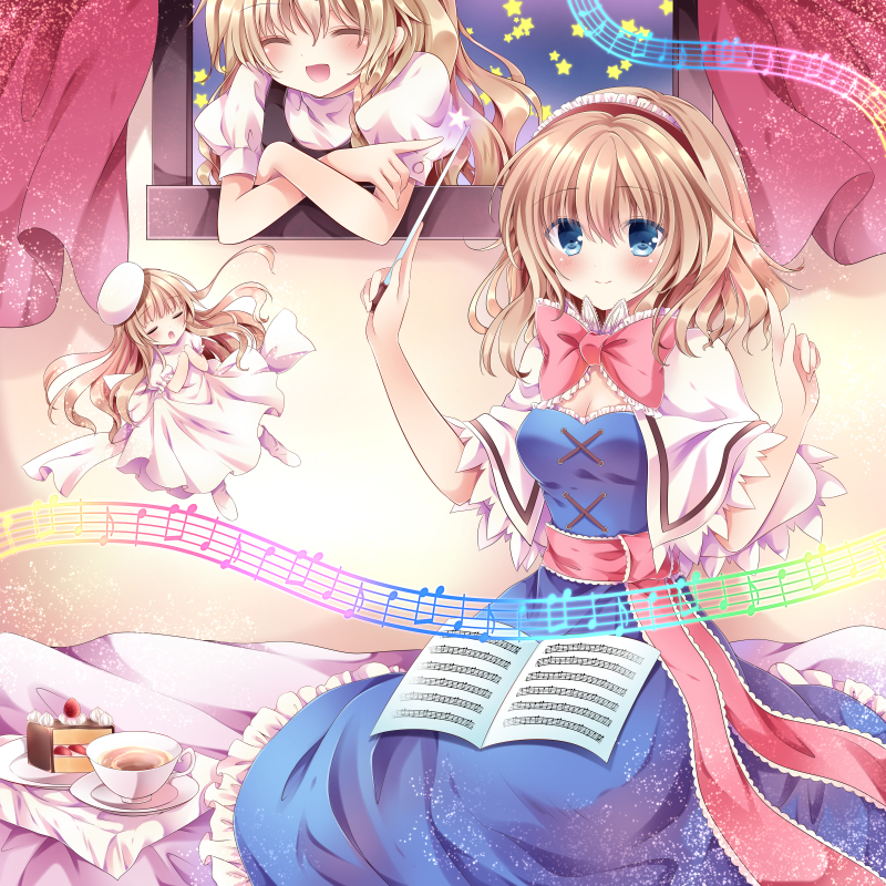 2girls, alice_margatroid, baton_(instrument), blonde_hair, blue_eyes, blush, bow, breasts