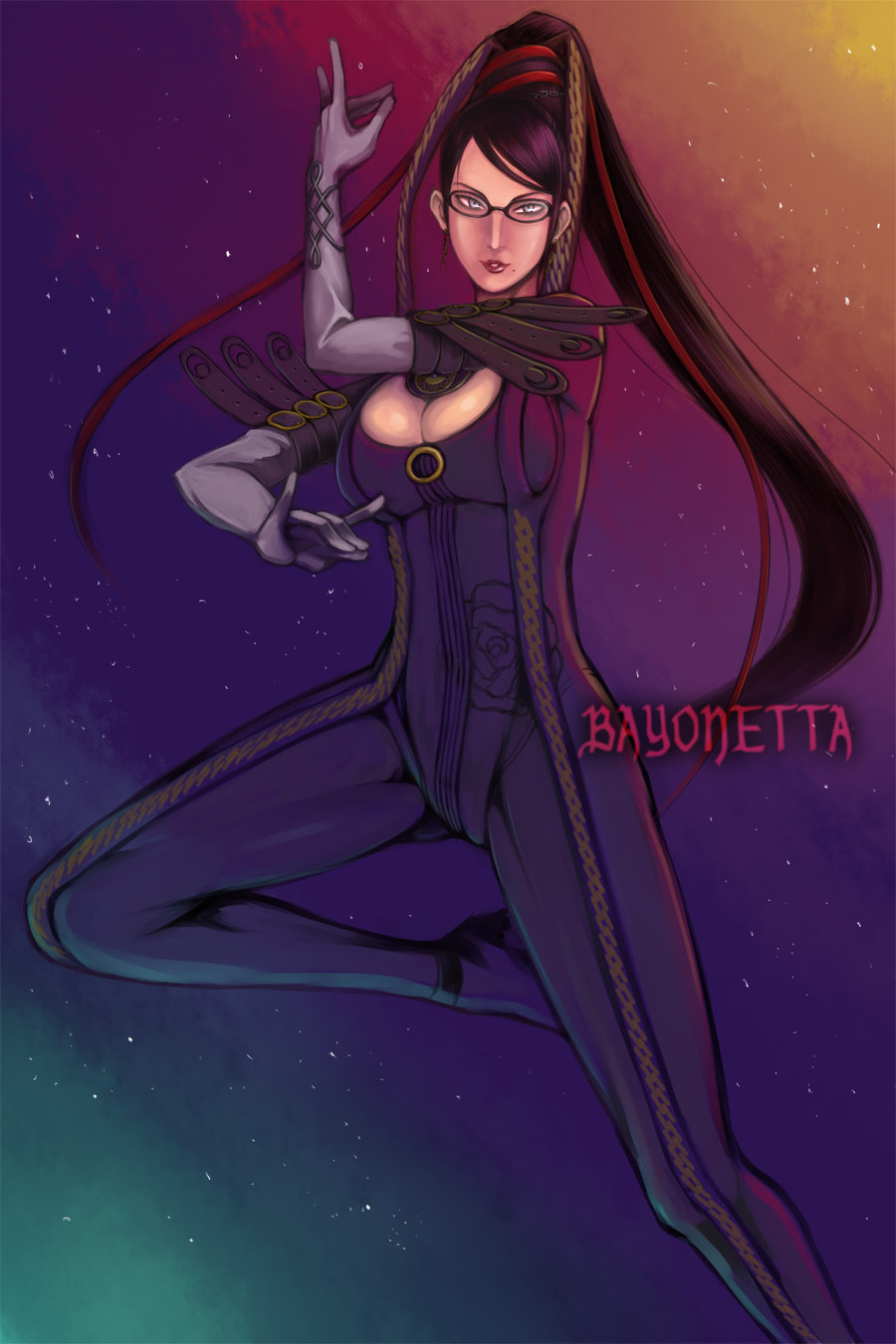 bad_id, bayonetta, bayonetta_(character), black_hair, bodysuit, breasts, character_name, cleavage