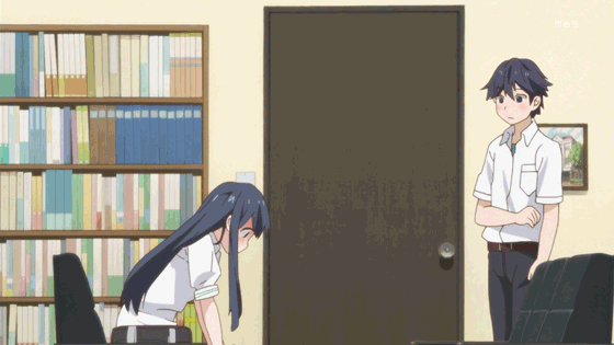 1boy, 1girl, animated, blush, bookshelf, couch, door, embarrassed, love_lab, maki_natsuo, nagino_satoshi, picture_frame, tagme, wall