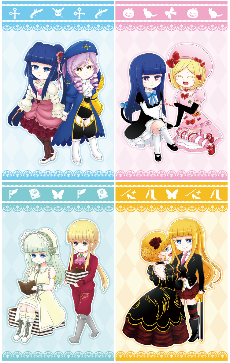 ^_^, beatrice, black_gloves, blonde_hair, blue_eyes, blue_hair, bonnet, book