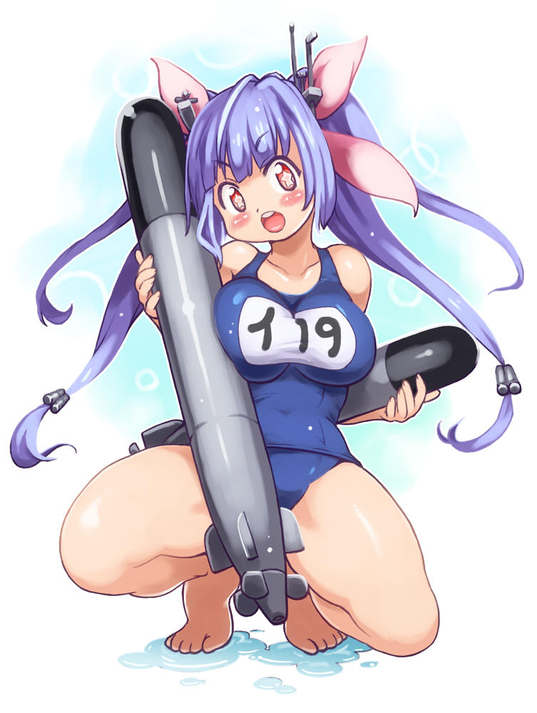 1girl, barefoot, blue_hair, breasts, character_name, feet, i-19_(kantai_collection), kantai_collection
