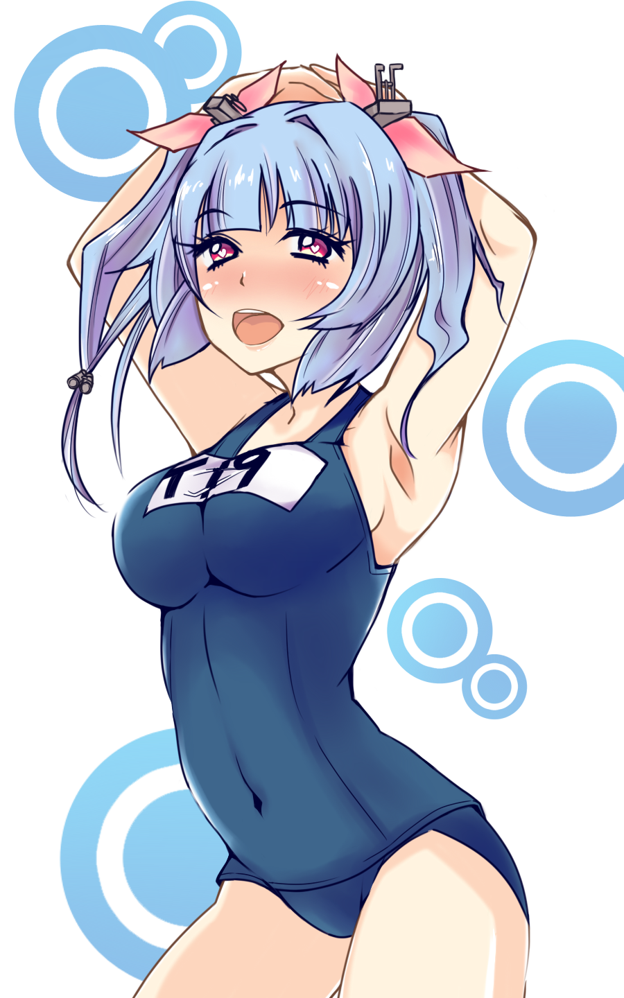 1girl, arms_up, blue_hair, highres, i-19_(kantai_collection), kantai_collection, kk, long_hair