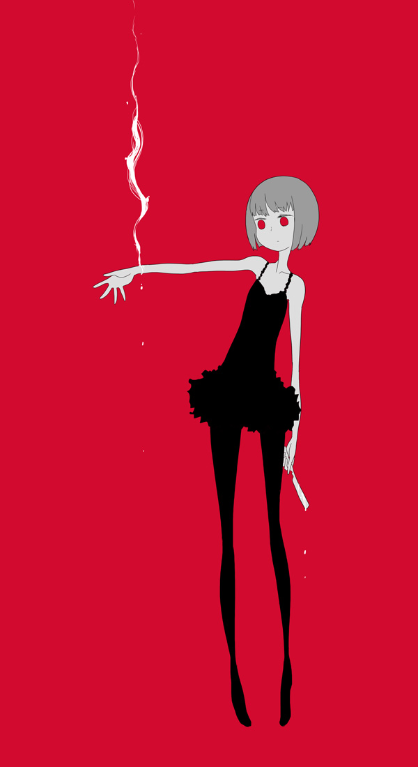 1girl, arm_extended, black_legwear, black_skirt, blank_eyes, blank_stare, blood, bob_cut