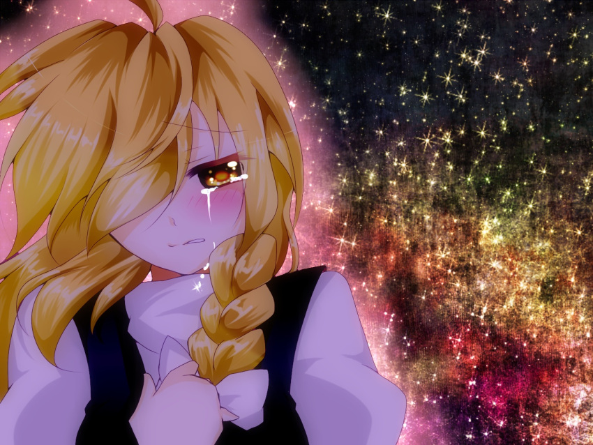 1girl, ahoge, aura, blonde_hair, bow, braid, bust, crying