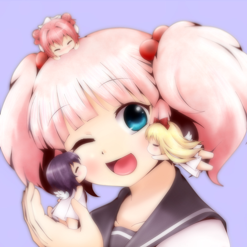 4girls, :d, akaza_akari, angel_wings, blonde_hair, blue_eyes, bow, cheek_kiss