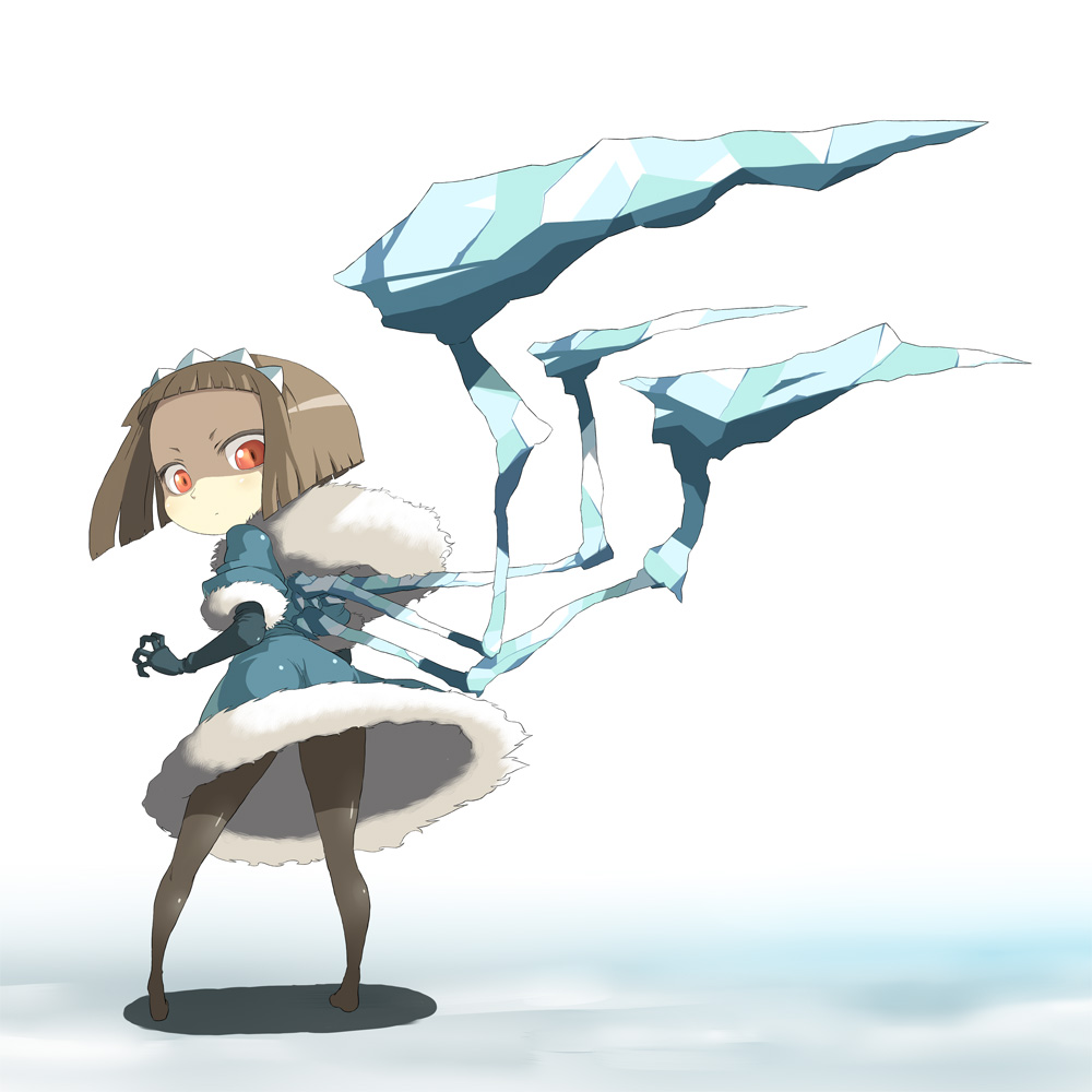1girl, bob_cut, brown_hair, brown_legwear, claws, coat, coat_lift, elbow_gloves