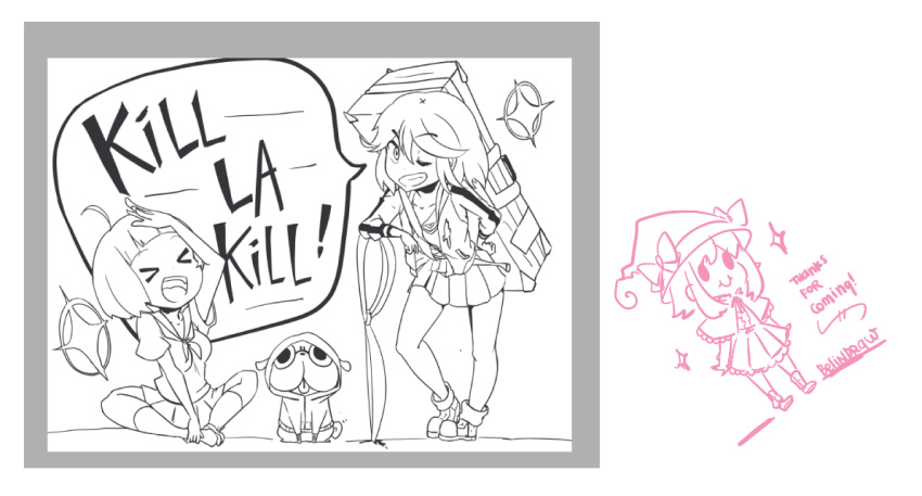>_<, >_o, >d, 2girls, artist_name, artist_self-insert, belindraw_(tumblr), copyright_name, dog, dress_shoes, guts_(kill_la_kill), kill_la_kill, kneehighs, legs, mankanshoku_mako, matoi_ryuuko, multiple_girls, official_art, promotional_art, sailor_dress, school_uniform, scissors, senketsu, shirt, shoes, short_hair, smile, sneakers, teeth, tongue, tongue_out, track_jacket, trigger_(company), uncolored, weapon, white_background, wink