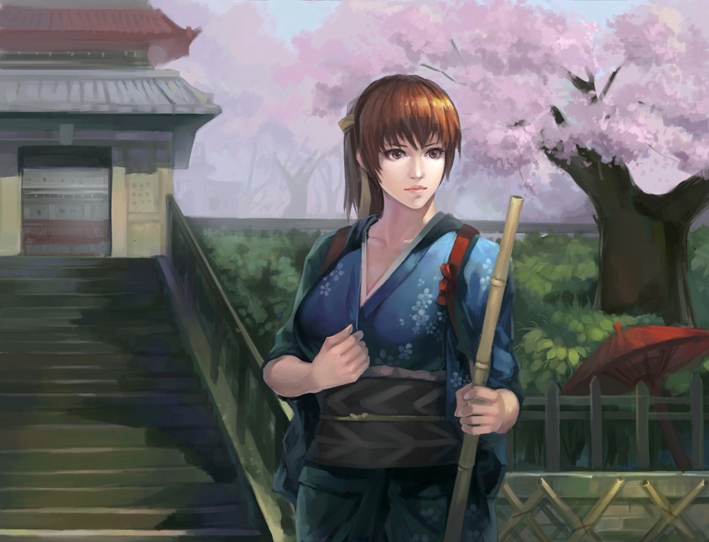 1girl, broom, brown_eyes, brown_hair, cherry_blossoms, dead_or_alive, japanese_clothes, kasumi